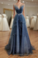 Gray Blue Tulle Beads Long Semi Formal Prom Dress, Blue Tulle Semi Formal Prom Dress